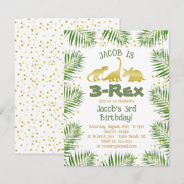3歳の恐竜の男の子の誕生日パーティー 熱帯の緑 招待状