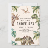 3歳の恐竜トリプレックスの誕生日パーティー 招待状 (正面)