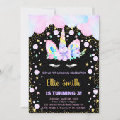 3歳の紫色のユニコーンの誕生日パーティー招待状 招待状 (正面)