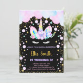 3歳の紫色のユニコーンの誕生日パーティー招待状 招待状 (スタンド正面)