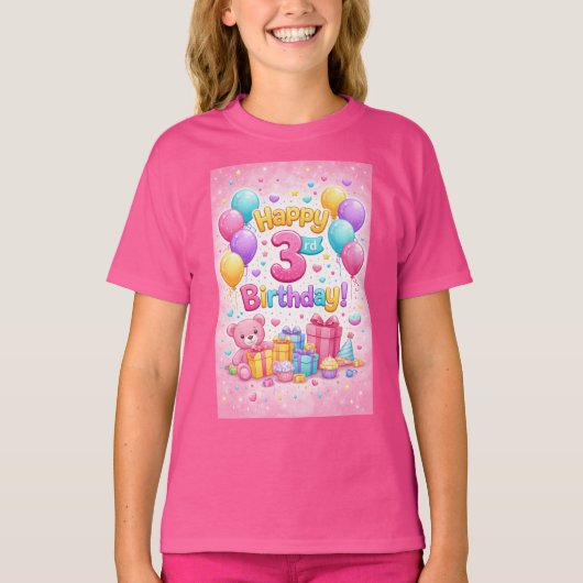 3歳の誕生日おめでとうバルーン デザイン Tシャツ (正面)