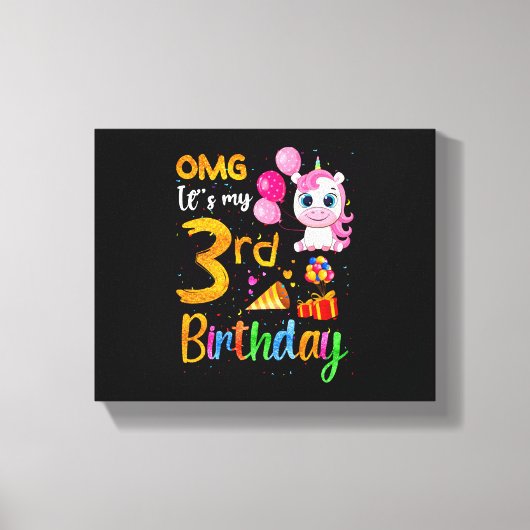 3歳の誕生日おめでとう！かわいいユニコーン キャンバスプリント (正面)