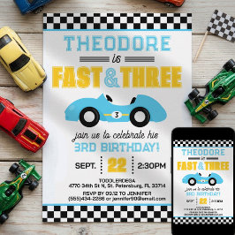 3歳の誕生日おめでとう!ファスト&スリー レーシングカー 招待状