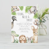 3歳の誕生日おめでとう!ヤング・ワイルド・アンド・オーストラリアの3匹の動物 招待状 (スタンド正面)