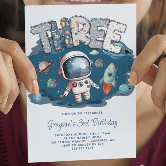 3歳の誕生日おめでとう!ロケットと宇宙飛行士 招待状