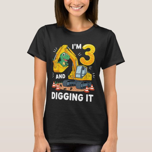 3歳の誕生日おめでとう 建設恐竜 少年 3歳 Tシャツ (正面)