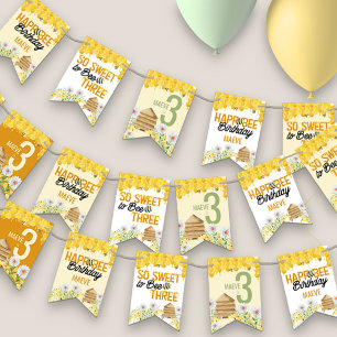 3歳の誕生日おめでとう Bee Beehive and Honeycomb バンティングフラッグ
