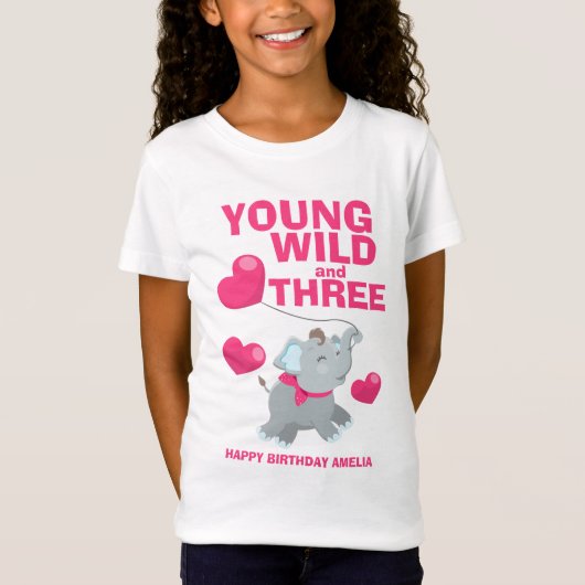 3歳の誕生日おめでとう Young Wild and Three Pink Tシャツ (正面)