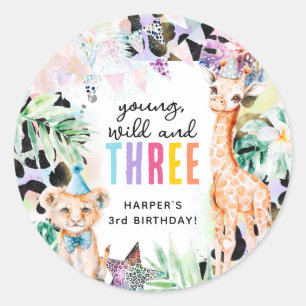 3歳の誕生日おめでとう Young, Wild & Three サファリの動物たち ラウンドシール