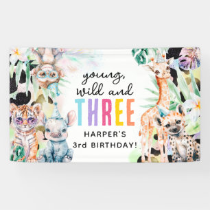 3歳の誕生日おめでとう Young, Wild & Three サファリ動物 横断幕