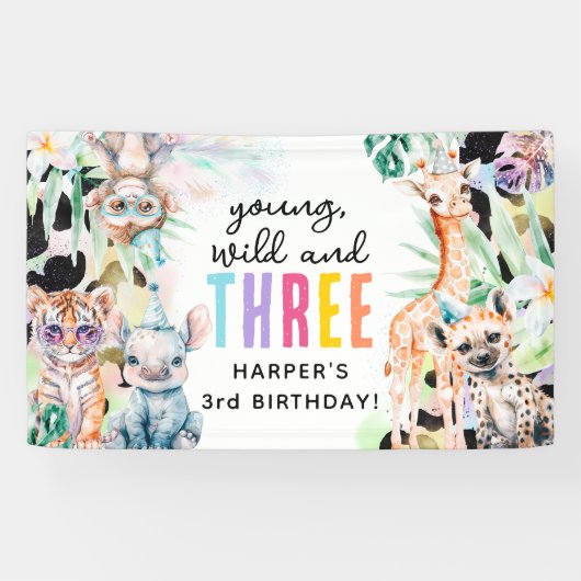 3歳の誕生日おめでとう Young, Wild & Three サファリ動物 横断幕 (横)