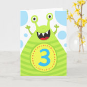 3歳の誕生日おもしろいの緑のモンスターグリーティングカード カード (黄色い花)