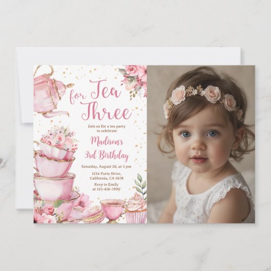 3歳の誕生日のお茶パーティーピンクのフローラ写真 招待状 (正面)
