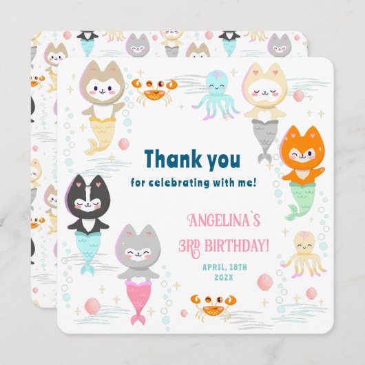 3歳の誕生日のフラットな感謝カード サンキューカード (正面/裏面)