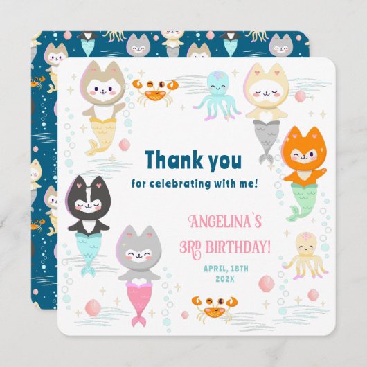 3歳の誕生日のフラットな感謝カード サンキューカード (正面/裏面)