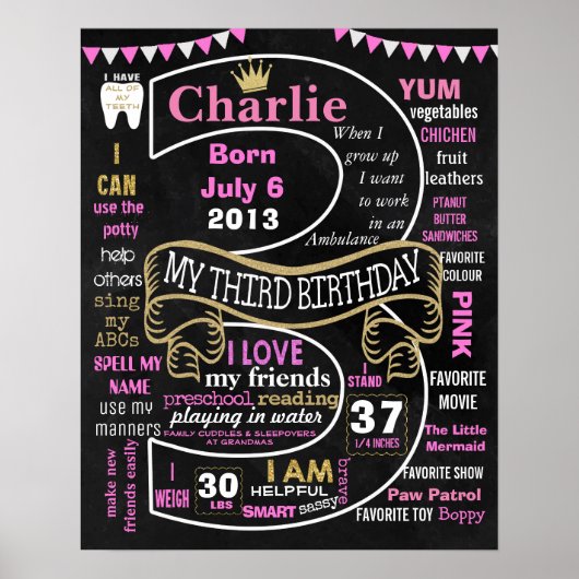 3歳の誕生日のプリンセスチョーク王室のボードのサイン女 ポスター (正面)