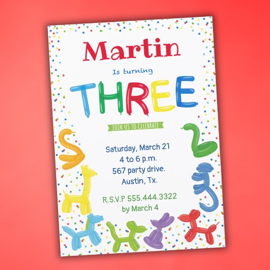 3歳の誕生日の動物のバルーンの招待 招待状