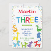 3歳の誕生日の動物のバルーンの招待 招待状 (正面)