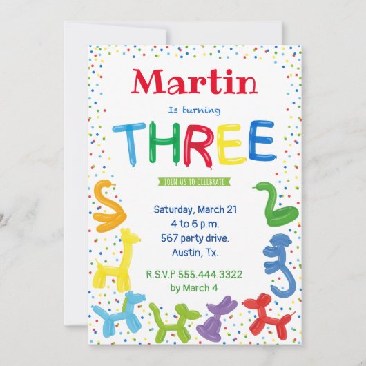 3歳の誕生日の動物のバルーンの招待 招待状 (正面)