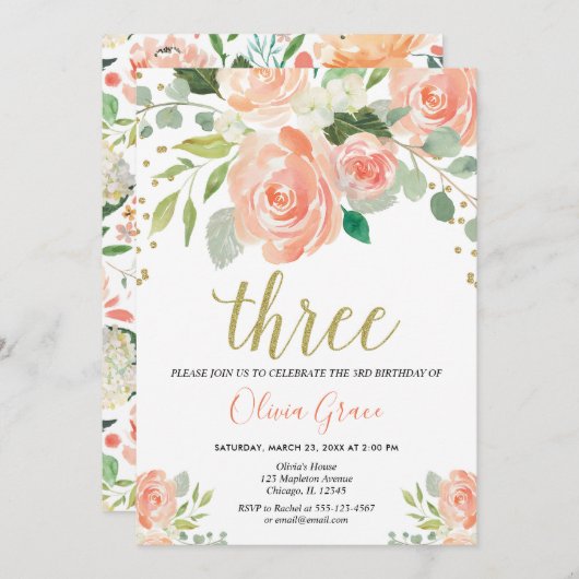 3歳の誕生日の女の子ピーチサンゴの女の子フローラ 招待状 (正面/裏面)