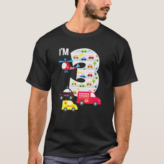 3歳の誕生日の消防車のパトカー3歳の少年 Tシャツ (正面)