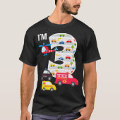 3歳の誕生日の消防車のパトカー3歳の少年 Tシャツ (正面)