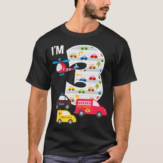 3歳の誕生日の消防車のパトカー3歳の少年 Tシャツ (正面)