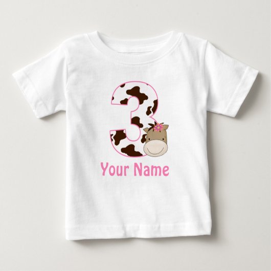 3歳の誕生日の牛のプリント馬ペルソナライズシャツ ベビーTシャツ (正面)
