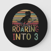 3歳の誕生日の男の子の恐竜Tレックスに轟音 ラージ壁時計 (正面)