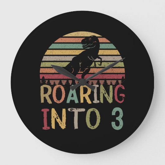 3歳の誕生日の男の子の恐竜Tレックスに轟音 ラージ壁時計 (正面)