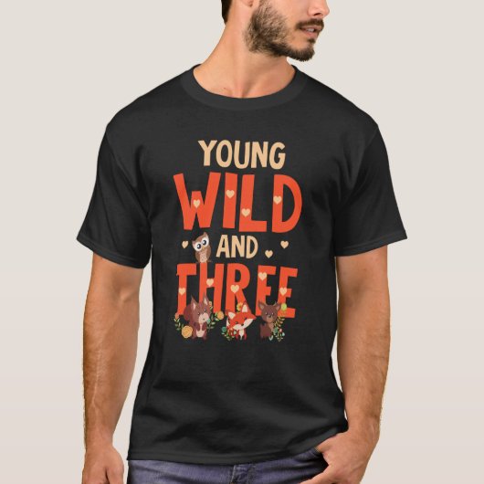 3歳の誕生日の若い野生と3つのウッドランド動物F Tシャツ (正面)