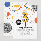 3歳の誕生日ろうそくドゥードル招待状 招待状 (正面/裏面)