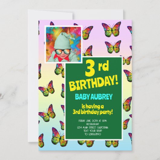 3歳の誕生日カラフルな蝶の子供パーティー 招待状 (正面)