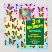 3歳の誕生日カラフルバタフライキッズパーティー 招待状 (正面/裏面)