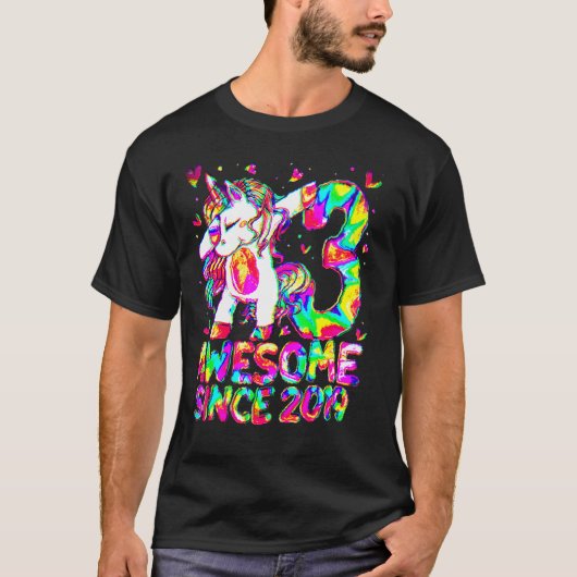 3歳の誕生日カラフル絞り染め3歳Unicorn G Tシャツ (正面)