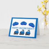 3歳の誕生日カード - 青い車と風船 カード (黄色い花)