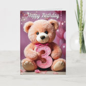 3歳の誕生日ガールかわいいテディベア&バルーン カード (正面)