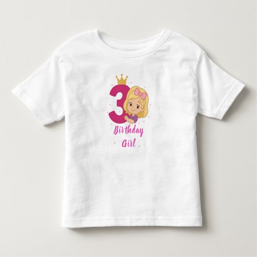 3歳の誕生日ガールシャツ – ピンクのクラウンボーデザイン トドラーTシャツ (正面)