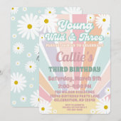 3歳の誕生日ガール レトロヒッピー太陽とデイジー 誕生日招待状 招待状 (正面/裏面)