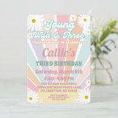 3歳の誕生日ガール レトロヒッピー太陽とデイジー 誕生日招待状 招待状 (スタンド正面)