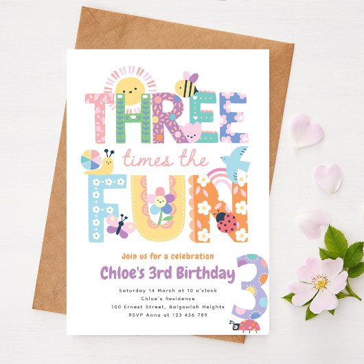 3歳の誕生日ガール　3倍楽しい 招待状