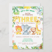 3歳の誕生日サファリ動物ジャングルテーマ動物園3 招待状 (正面)