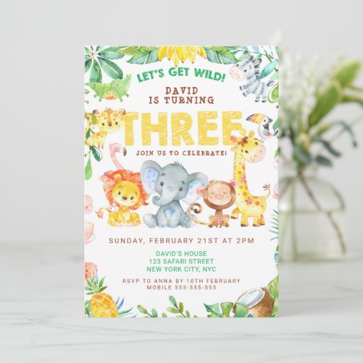 3歳の誕生日サファリ動物ジャングルテーマ動物園3 招待状 (スタンド正面)