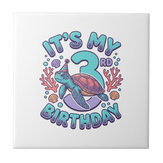 3歳の誕生日タートルビンテージ彫刻デザイン1 タイル (正面)