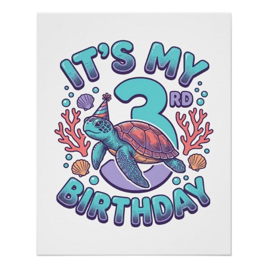 3歳の誕生日タートルヴィンテージ彫刻デザイン1 ポスター (正面)