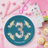 3歳の誕生日ティール（緑がかった色）フォトコラージブルーイエローフラワー ペーパープレート (パーティー)