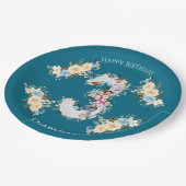 3歳の誕生日ティール（緑がかった色）フォトコラージブルーイエローフラワー ペーパープレート (アングル)