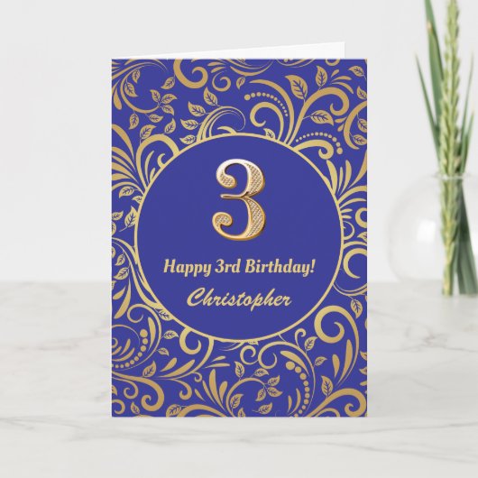 3歳の誕生日ネイビーブルーと金ゴールド花パターン カード (正面)