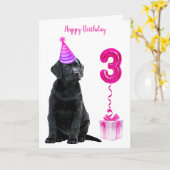 3歳の誕生日パピーテーマ – かわいい犬ピンクの女の子パウィティ カード (黄色い花)