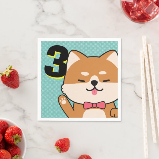 3歳の誕生日パーティーかわいい柴犬子犬あい スタンダードカクテルナプキン (インサイチュ)
